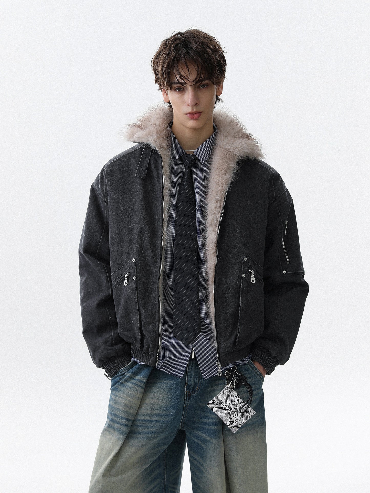 Military Bomber Jacket with Faux Fur Collar (2color)