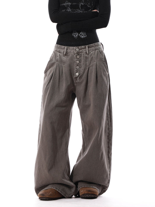 Double Tack Button Fly Wide Denim