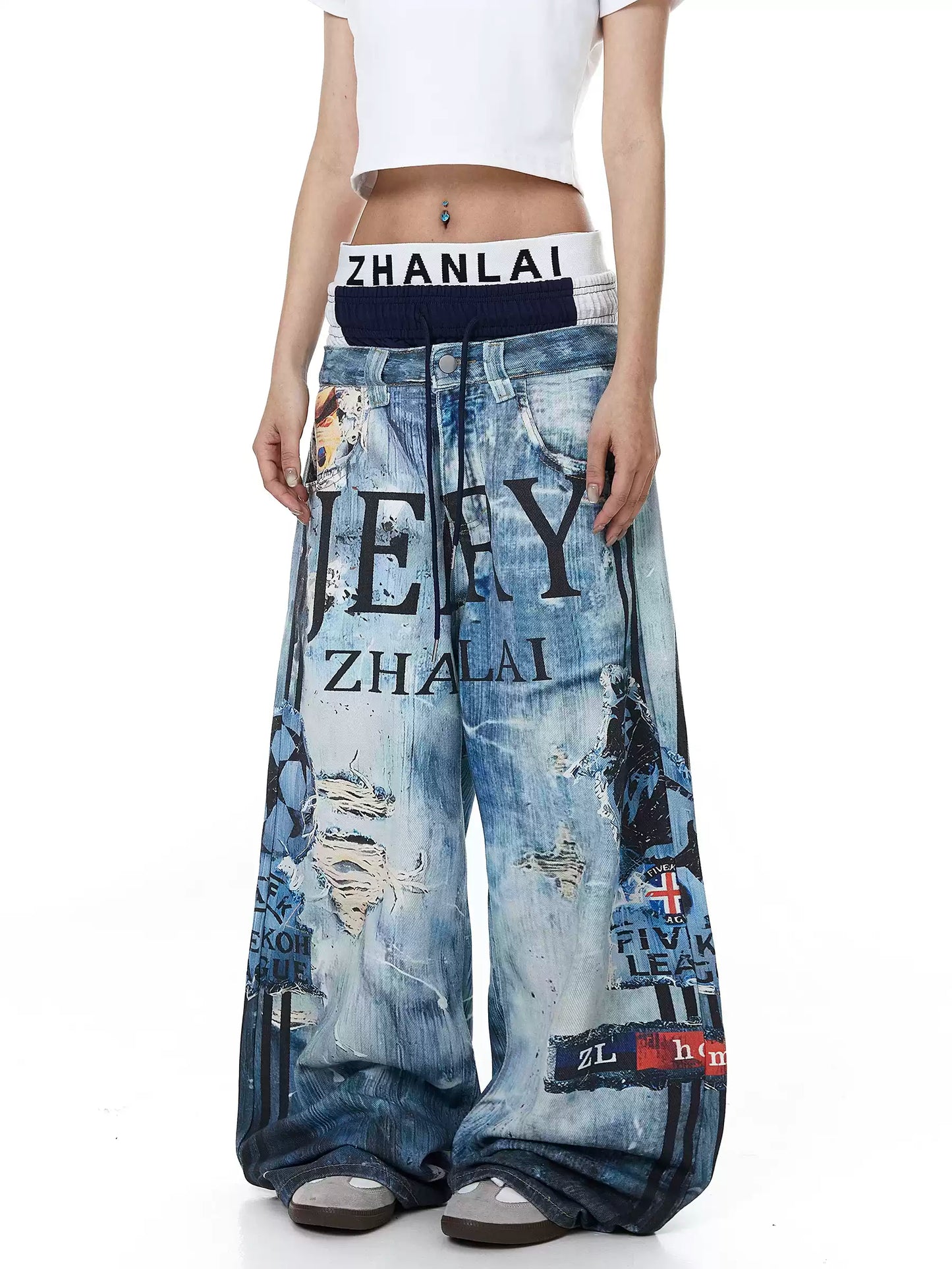 Graphic Layered Baggy Jeans