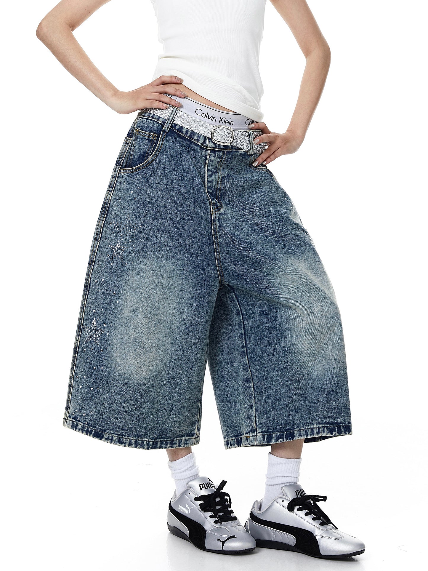Rhinestone Star Wide Denim Shorts (2color)