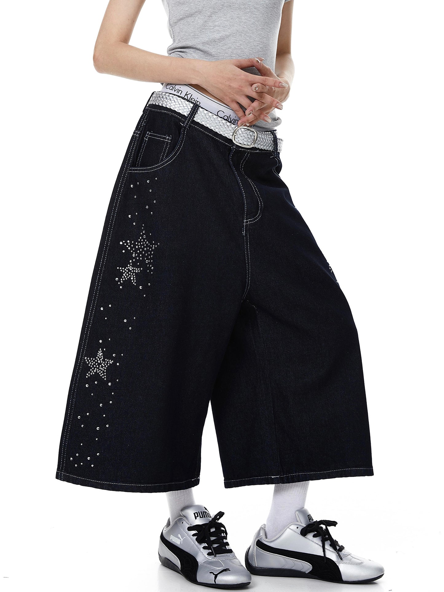 Rhinestone Star Wide Denim Shorts (2color)