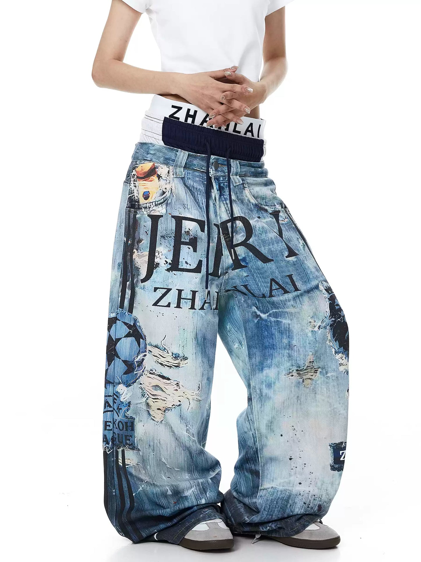 Graphic Layered Baggy Jeans