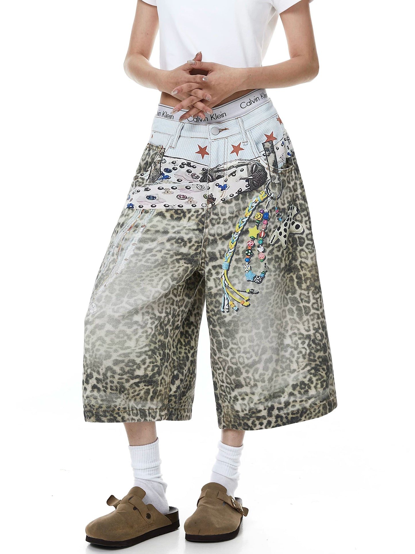 Leopard Graphic Wide Denim Shorts