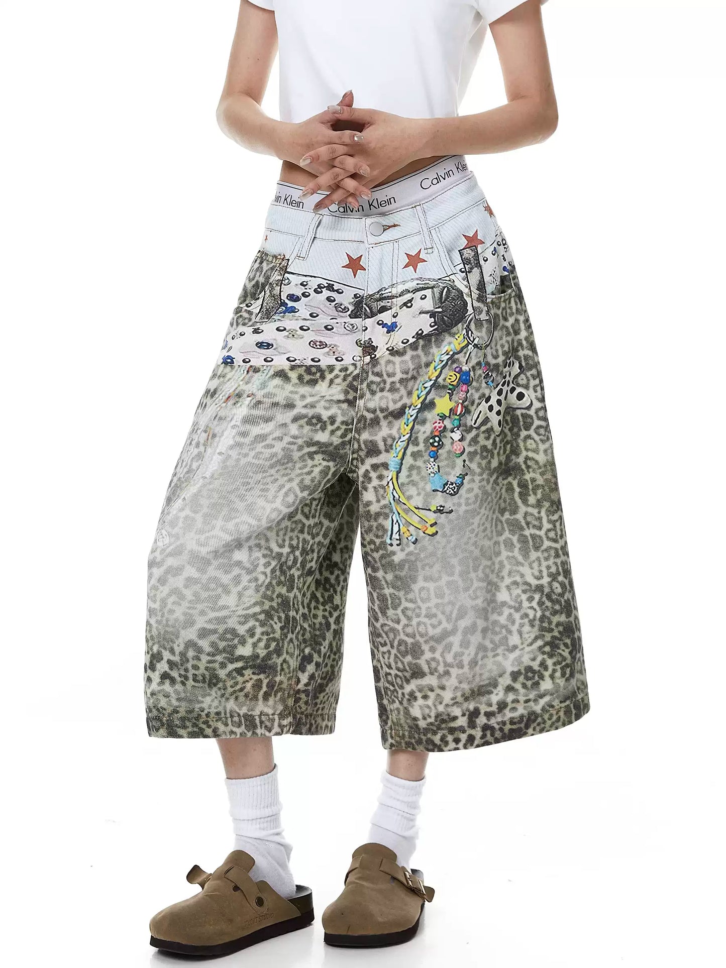 Leopard Graphic Wide Denim Shorts