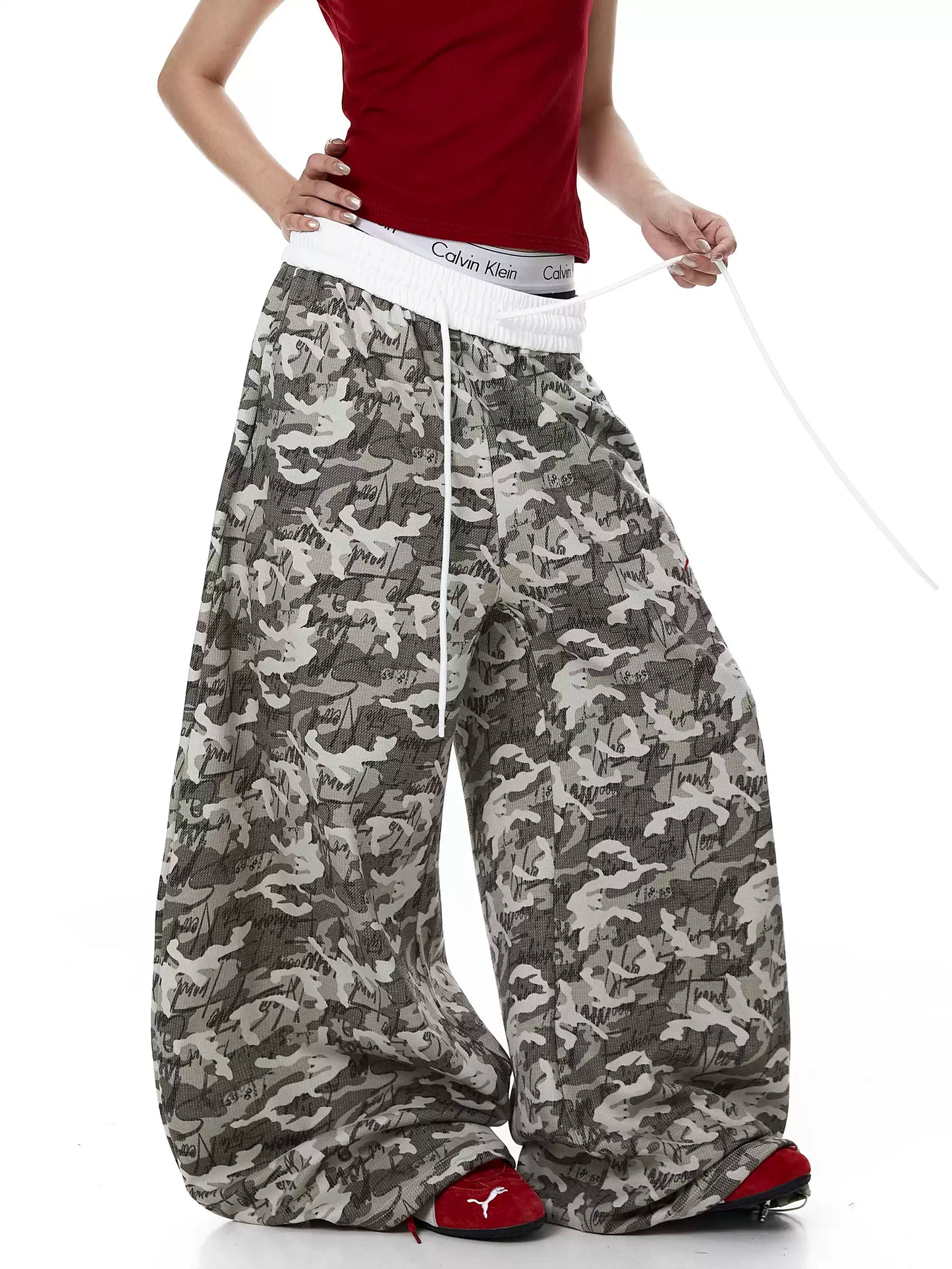 Layered Waist Embroidered Camo Sweat Pants