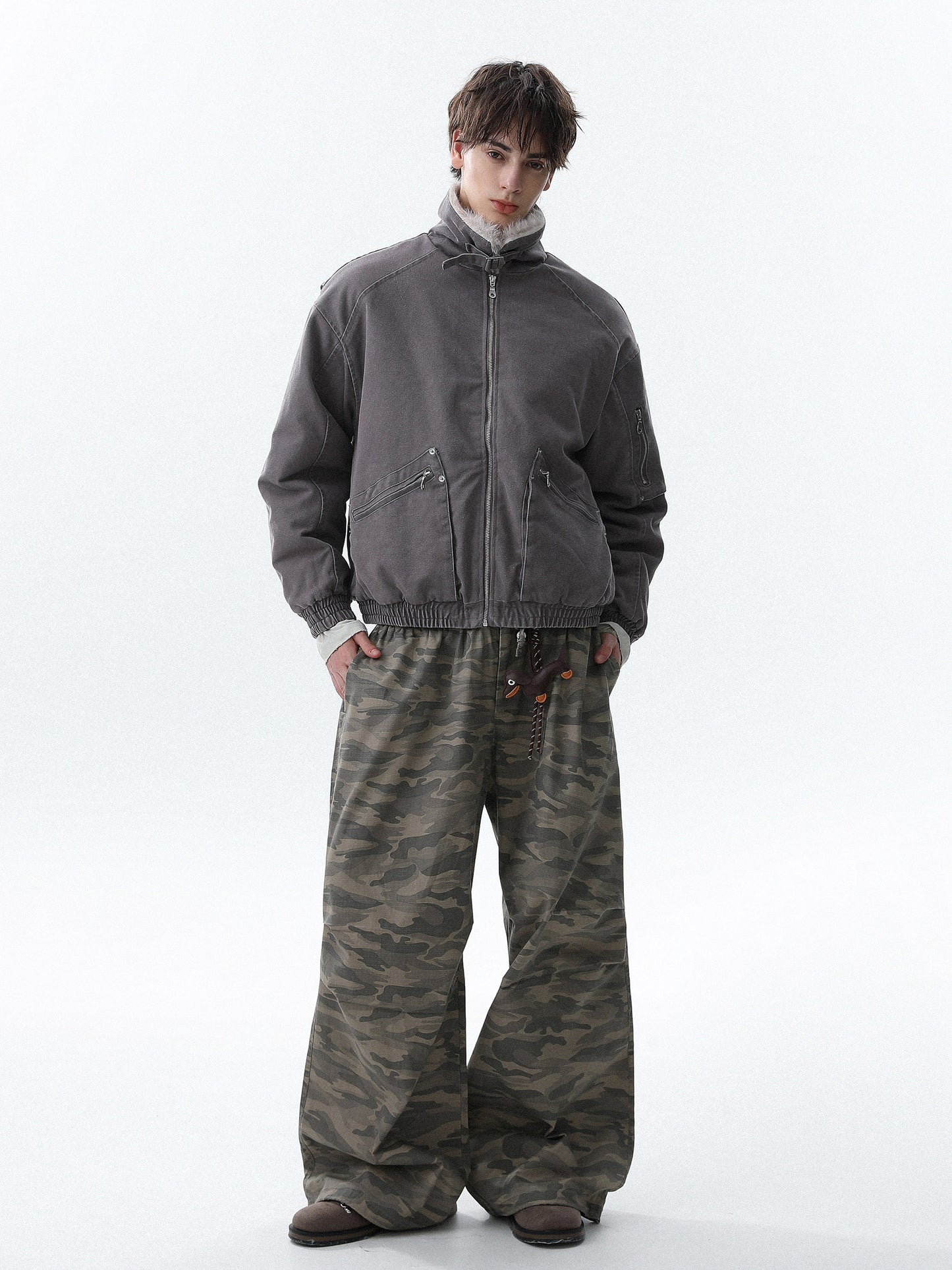 Military Bomber Jacket with Faux Fur Collar (2color)