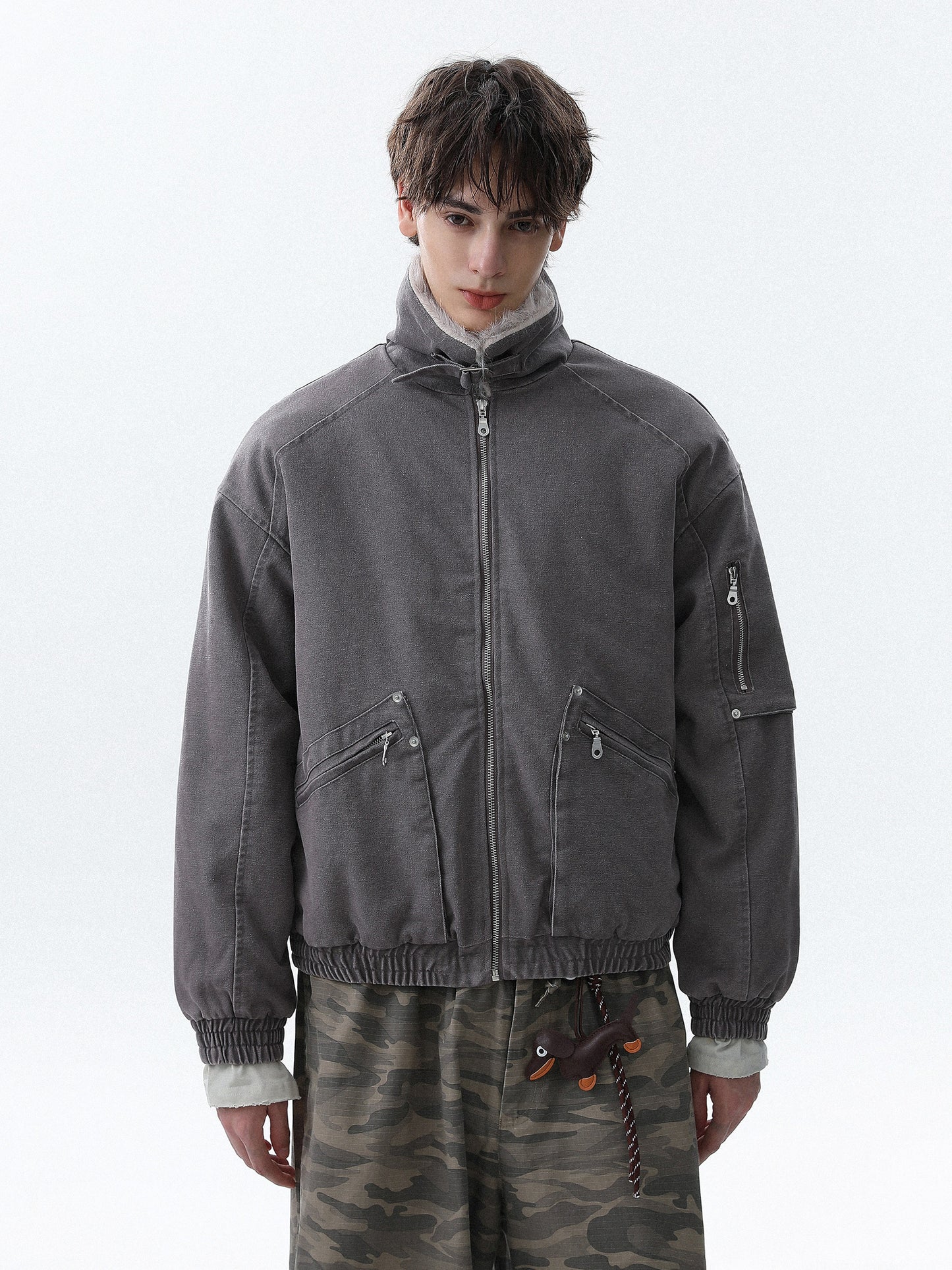 Military Bomber Jacket with Faux Fur Collar (2color)