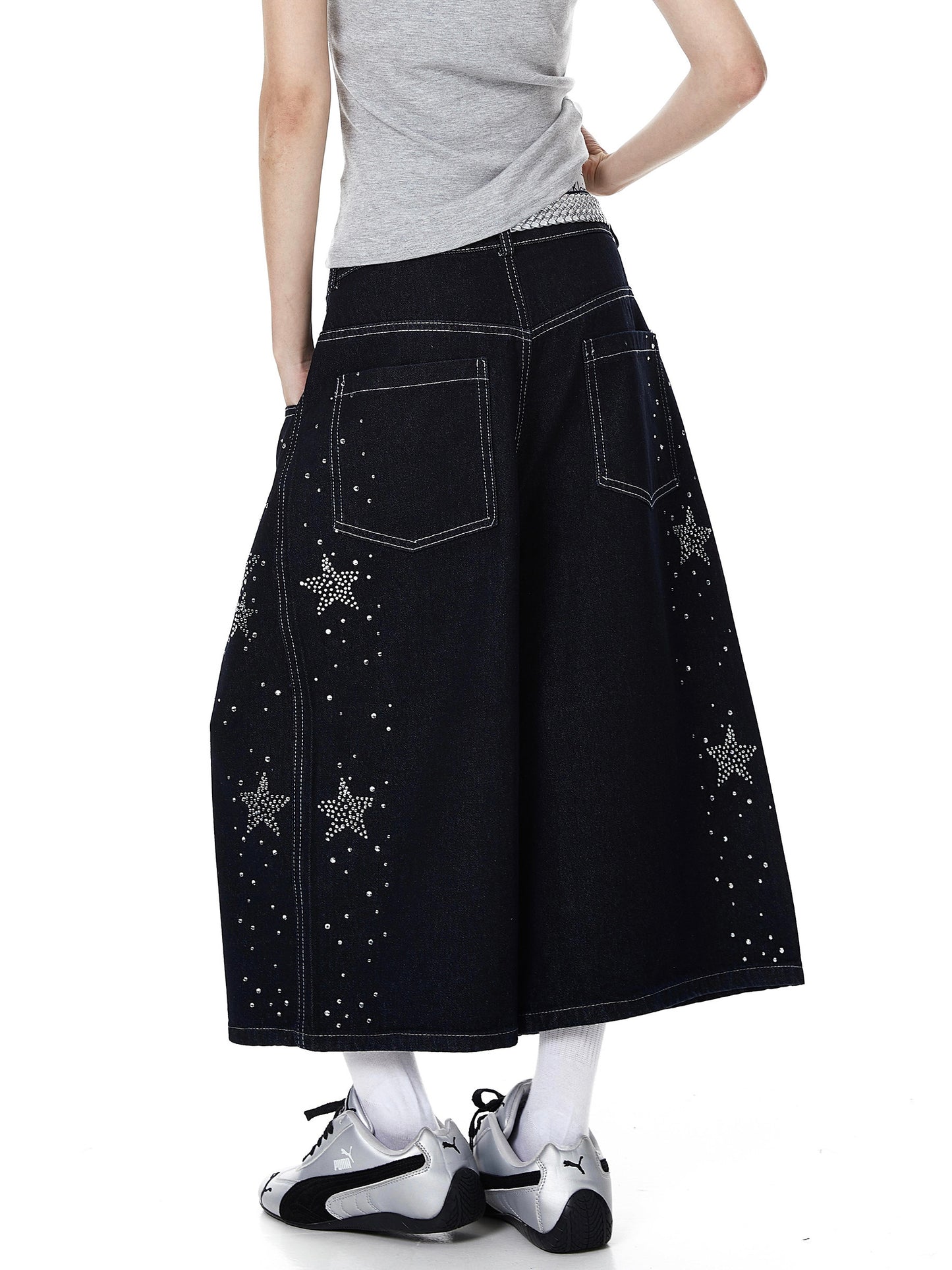 Rhinestone Star Wide Denim Shorts (2color)