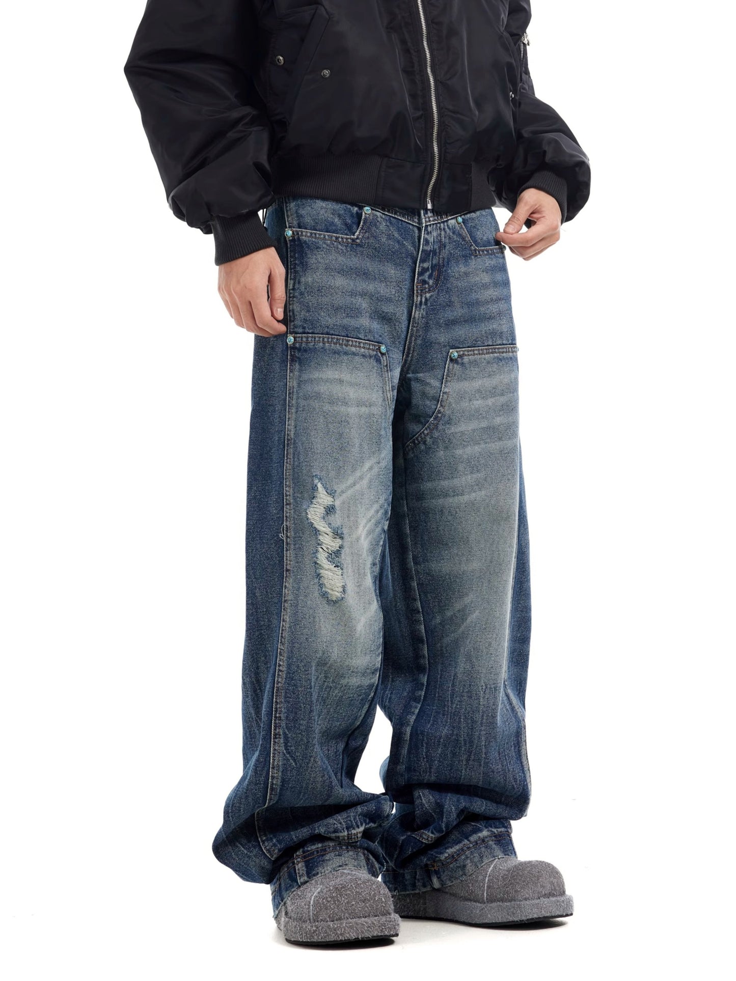 Turquoise Button Utility Layer Baggy Jeans