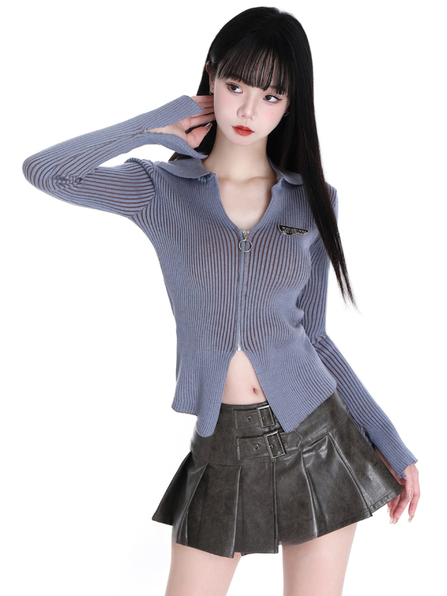 CROPPED RIB ZIPPER CARDIGAN (2COLOR)