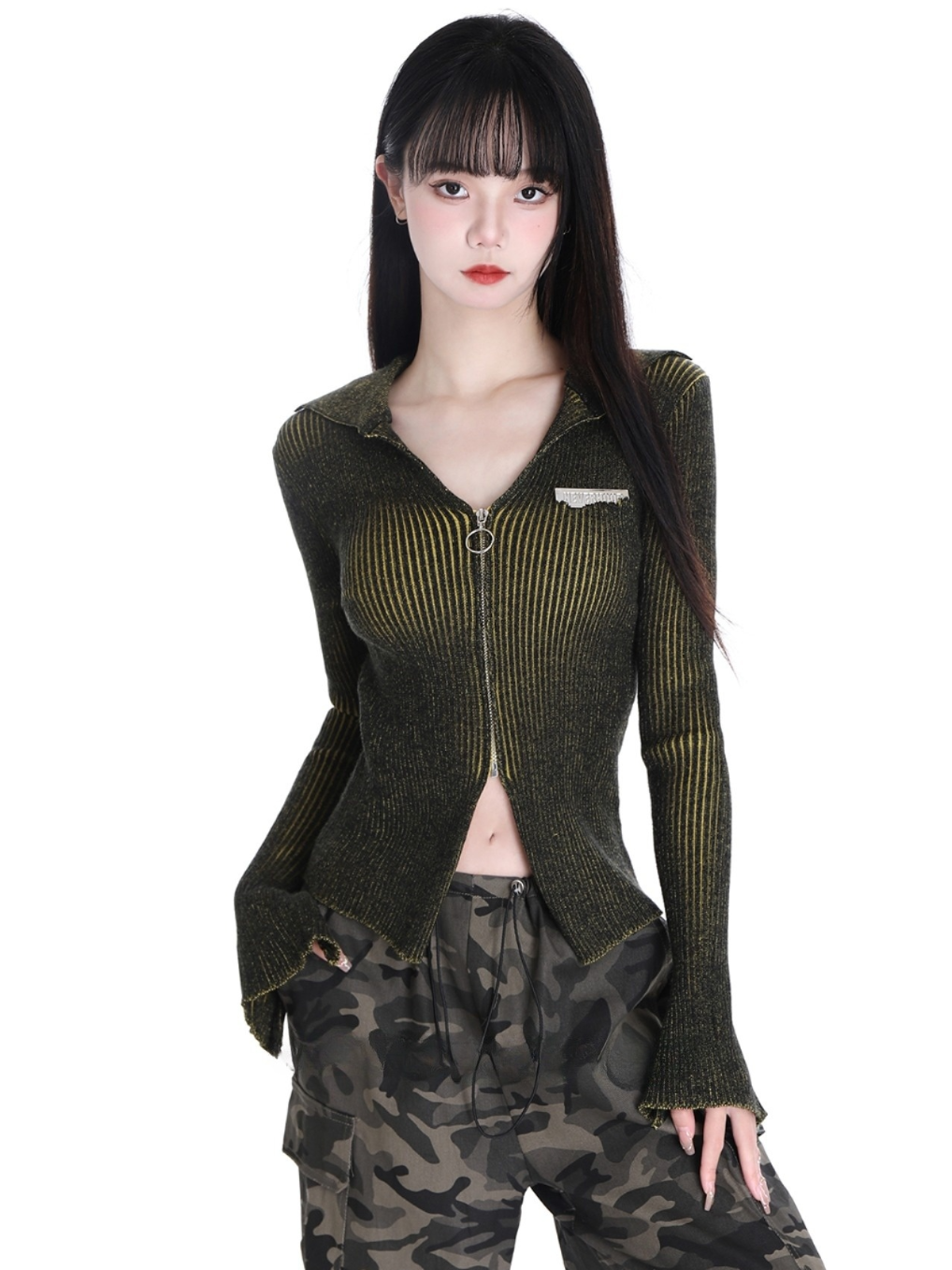 CROPPED RIB ZIPPER CARDIGAN (2COLOR)