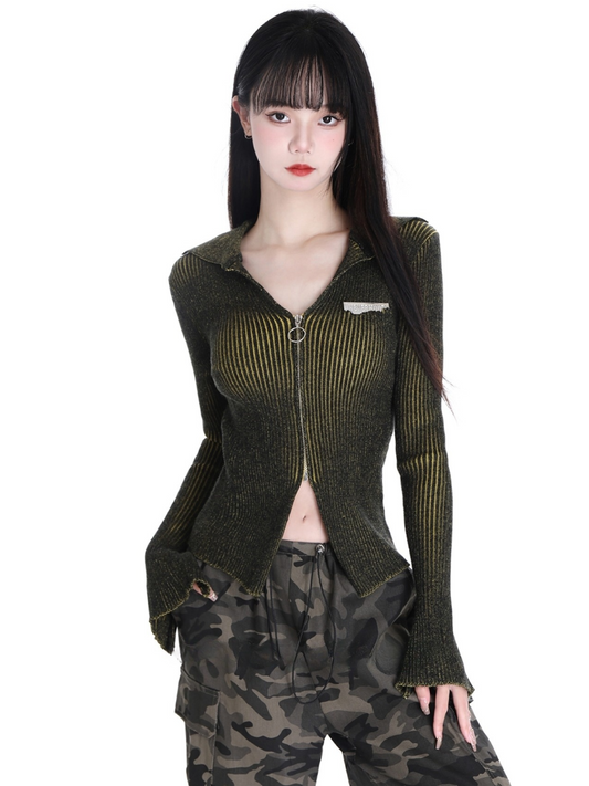 CROPPED RIB ZIPPER CARDIGAN (2COLOR)