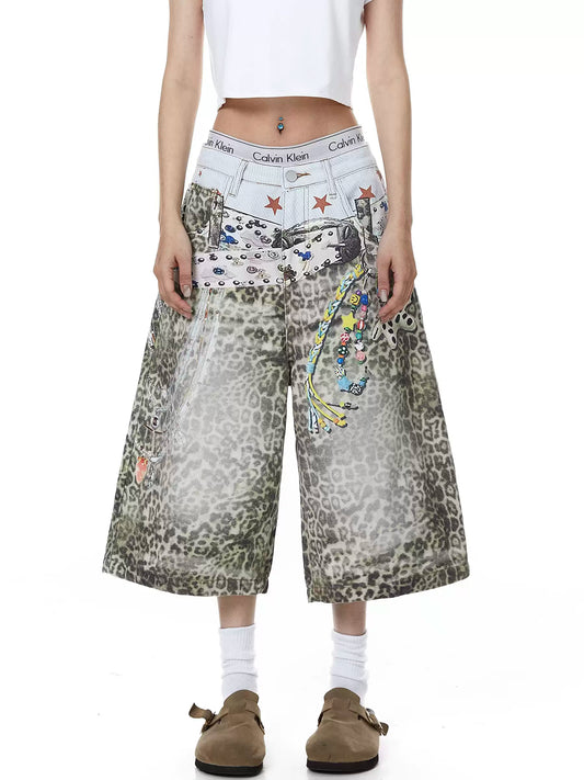 Leopard Graphic Wide Denim Shorts