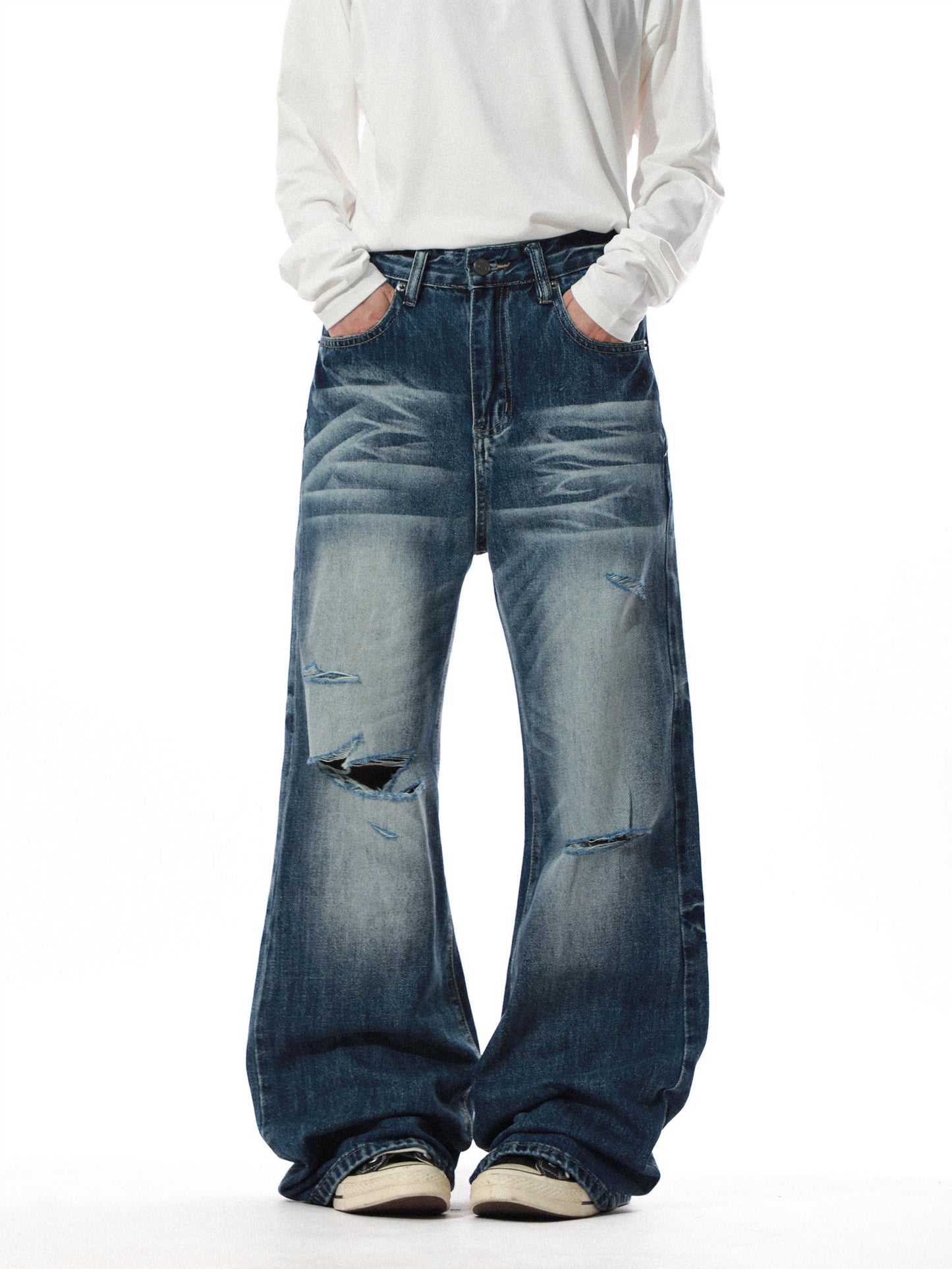 Vintage Washed Distressed Wide Denim