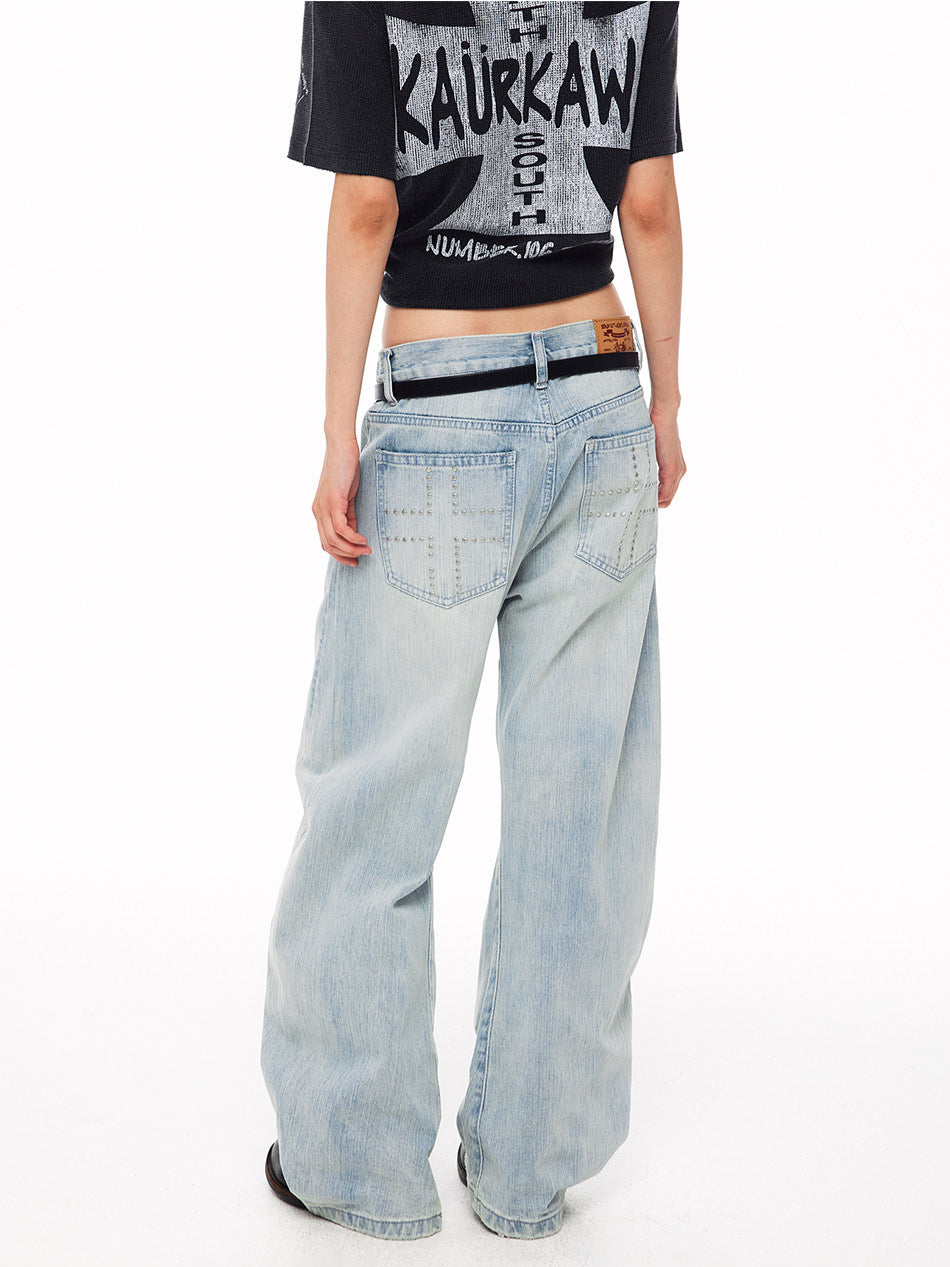 Vintage Cross-Studs Wide Leg Jeans