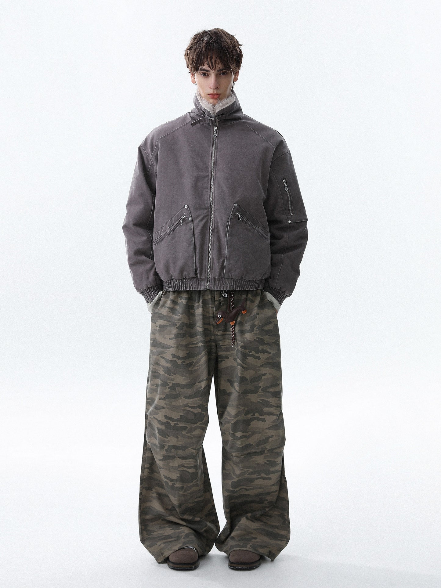 Military Bomber Jacket with Faux Fur Collar (2color)