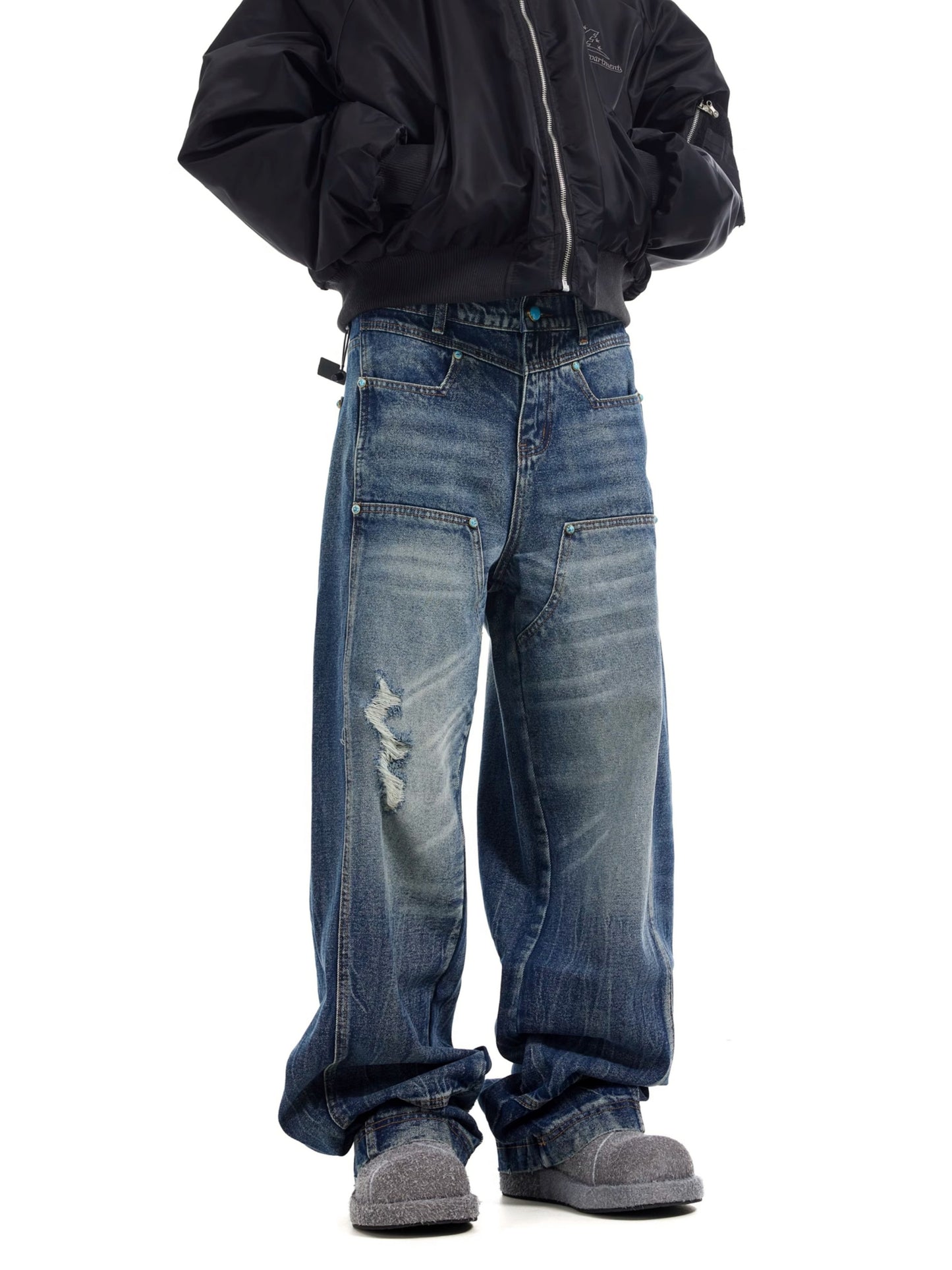 Turquoise Button Utility Layer Baggy Jeans