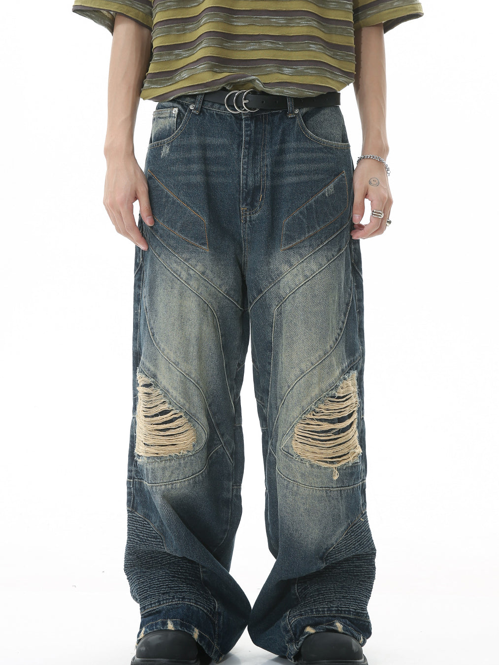 VINTAGE DISTRESSESD DESIGN WIDE DENIM