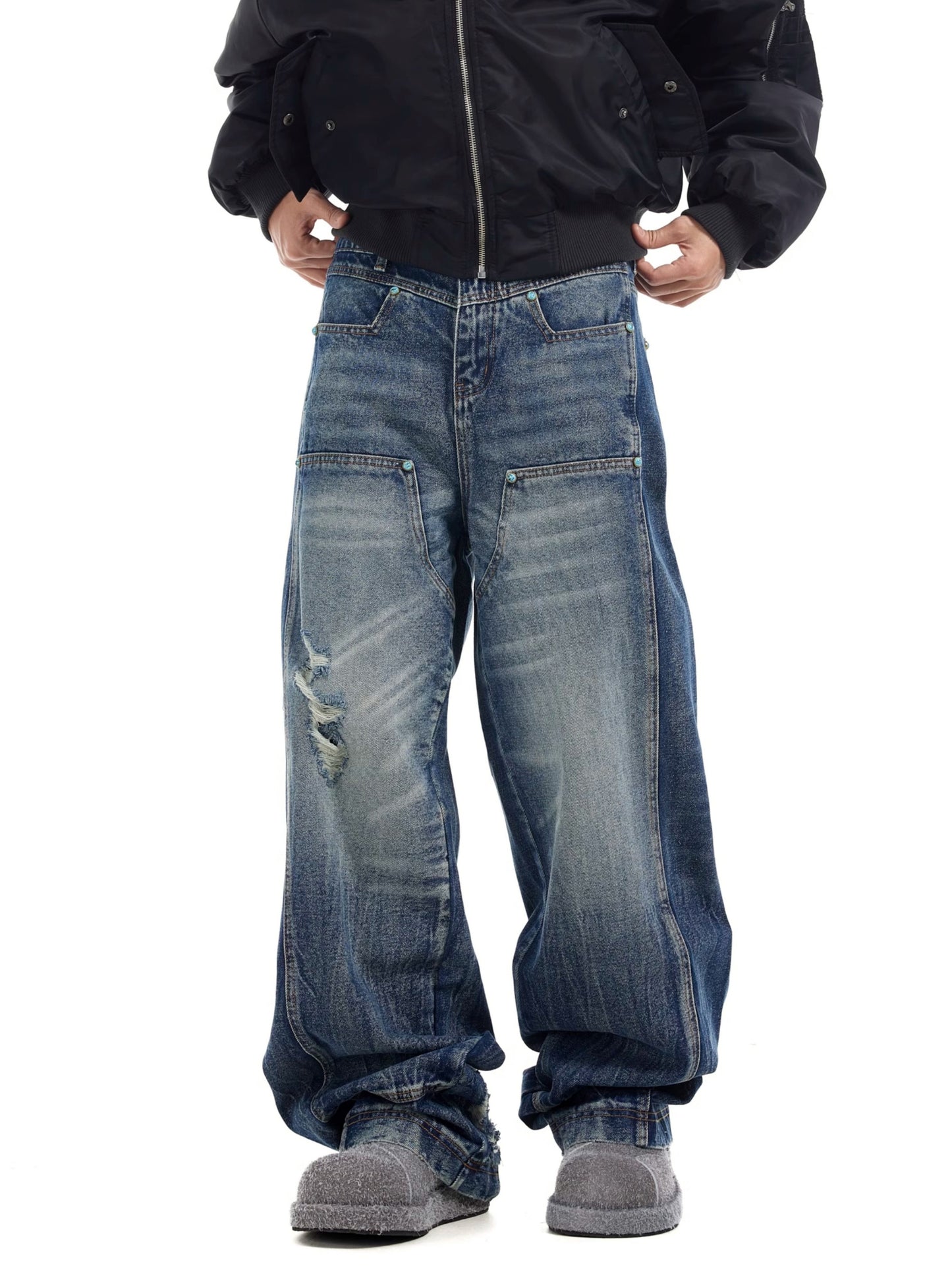 Turquoise Button Utility Layer Baggy Jeans