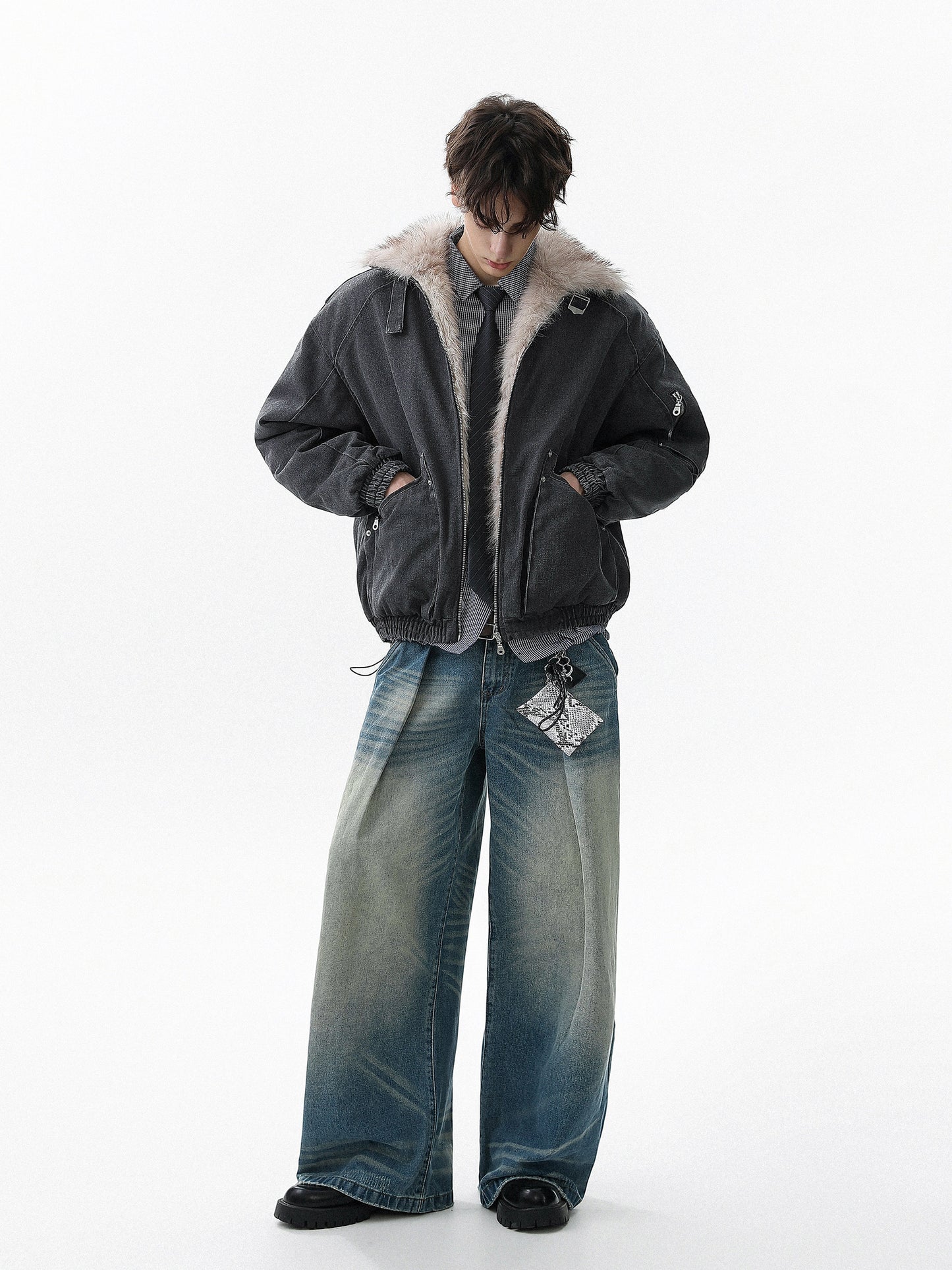 Military Bomber Jacket with Faux Fur Collar (2color)