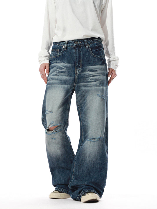 Vintage Washed Distressed Wide Denim