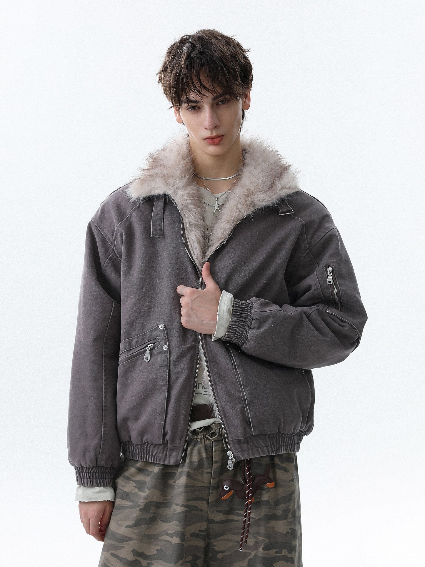 Military Bomber Jacket with Faux Fur Collar (2color)