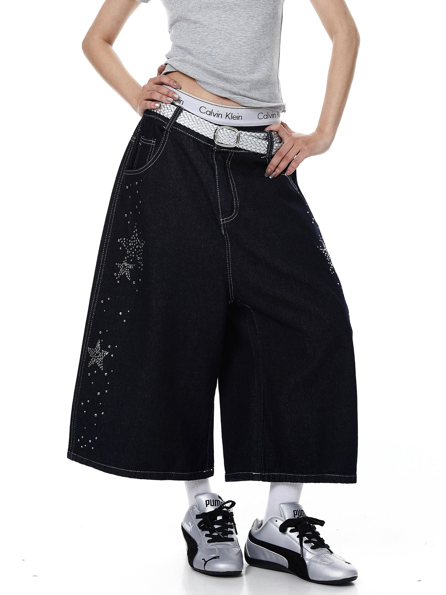 Rhinestone Star Wide Denim Shorts (2color)