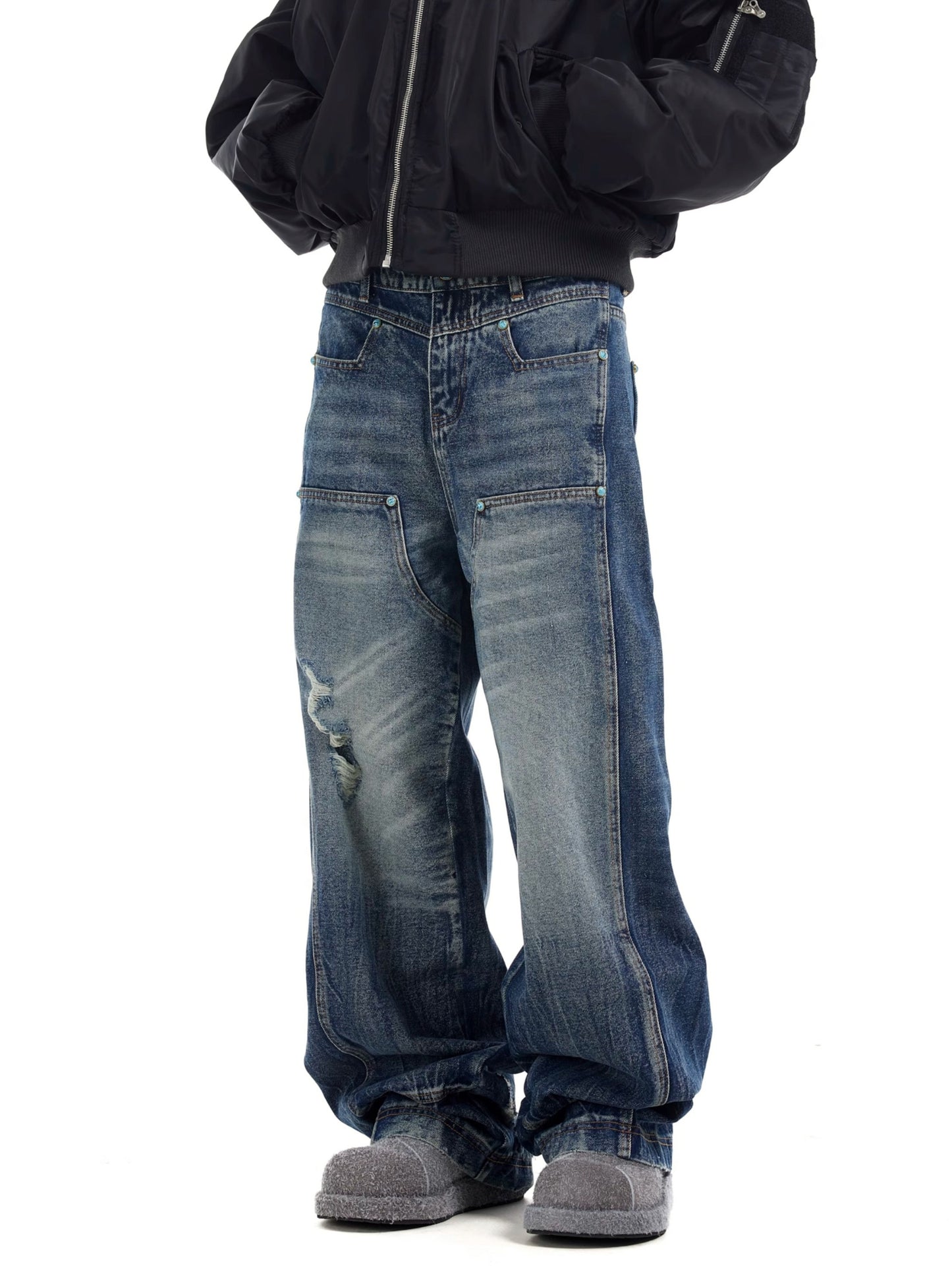 Turquoise Button Utility Layer Baggy Jeans