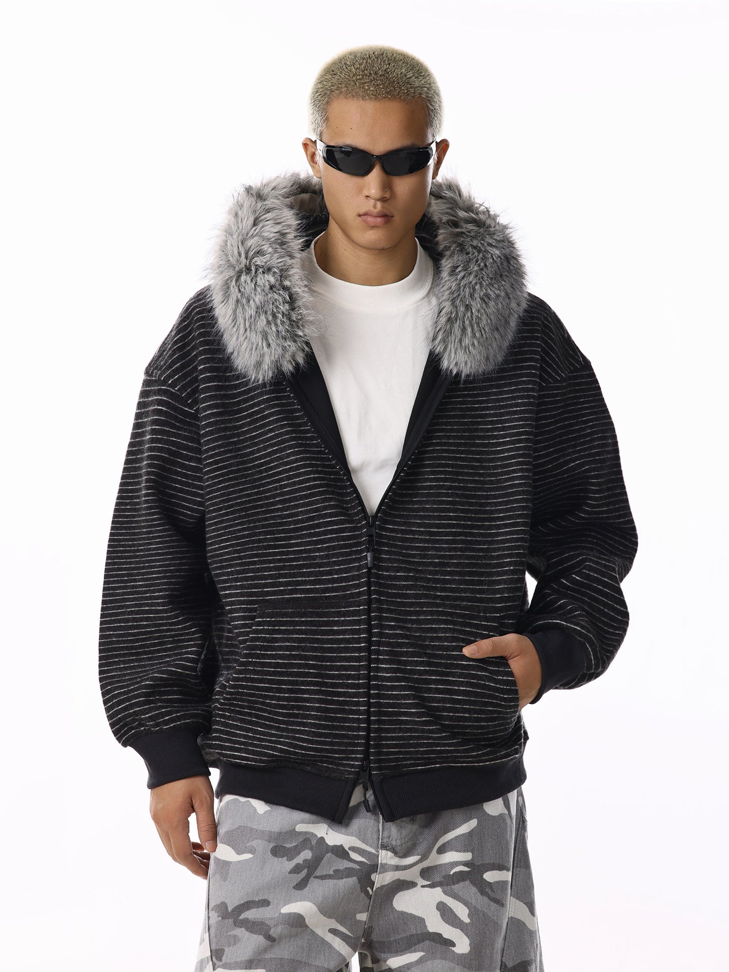 Striped Fur Hood Hoodie