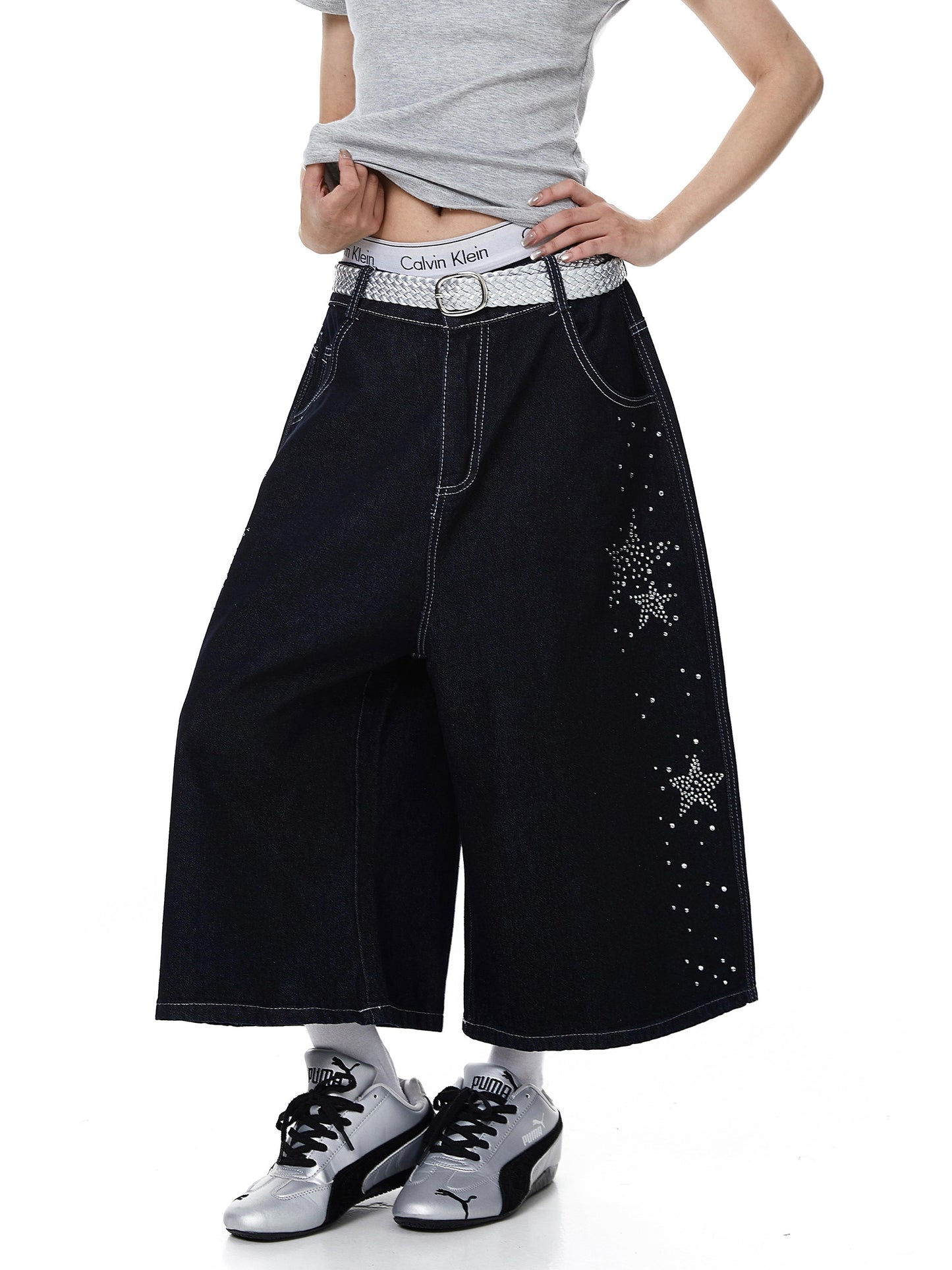 Rhinestone Star Wide Denim Shorts (2color)