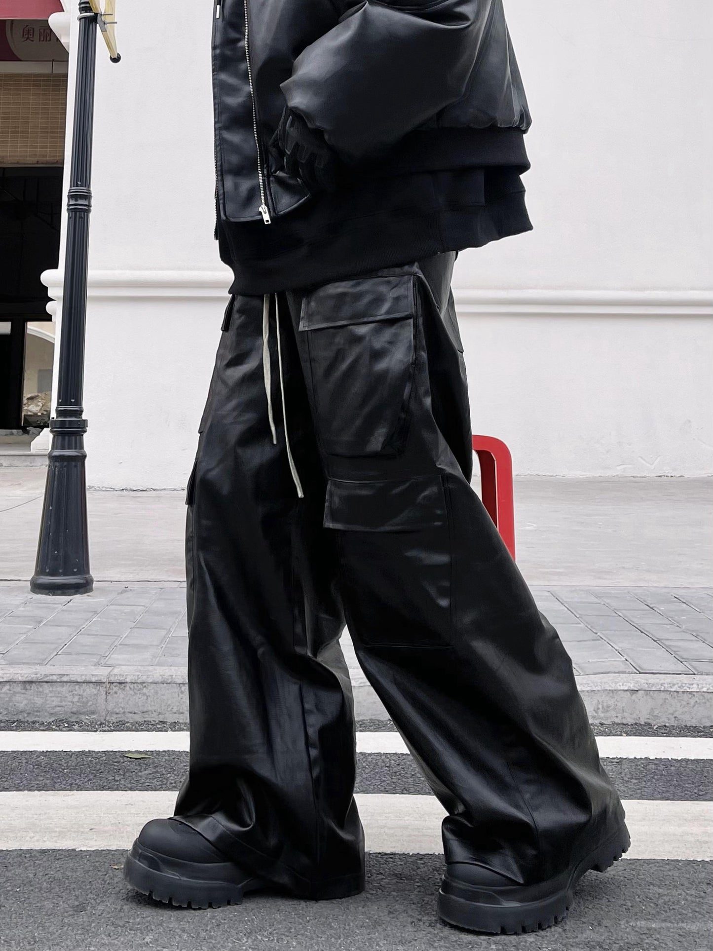 Drawstring Leather Cargo Pants