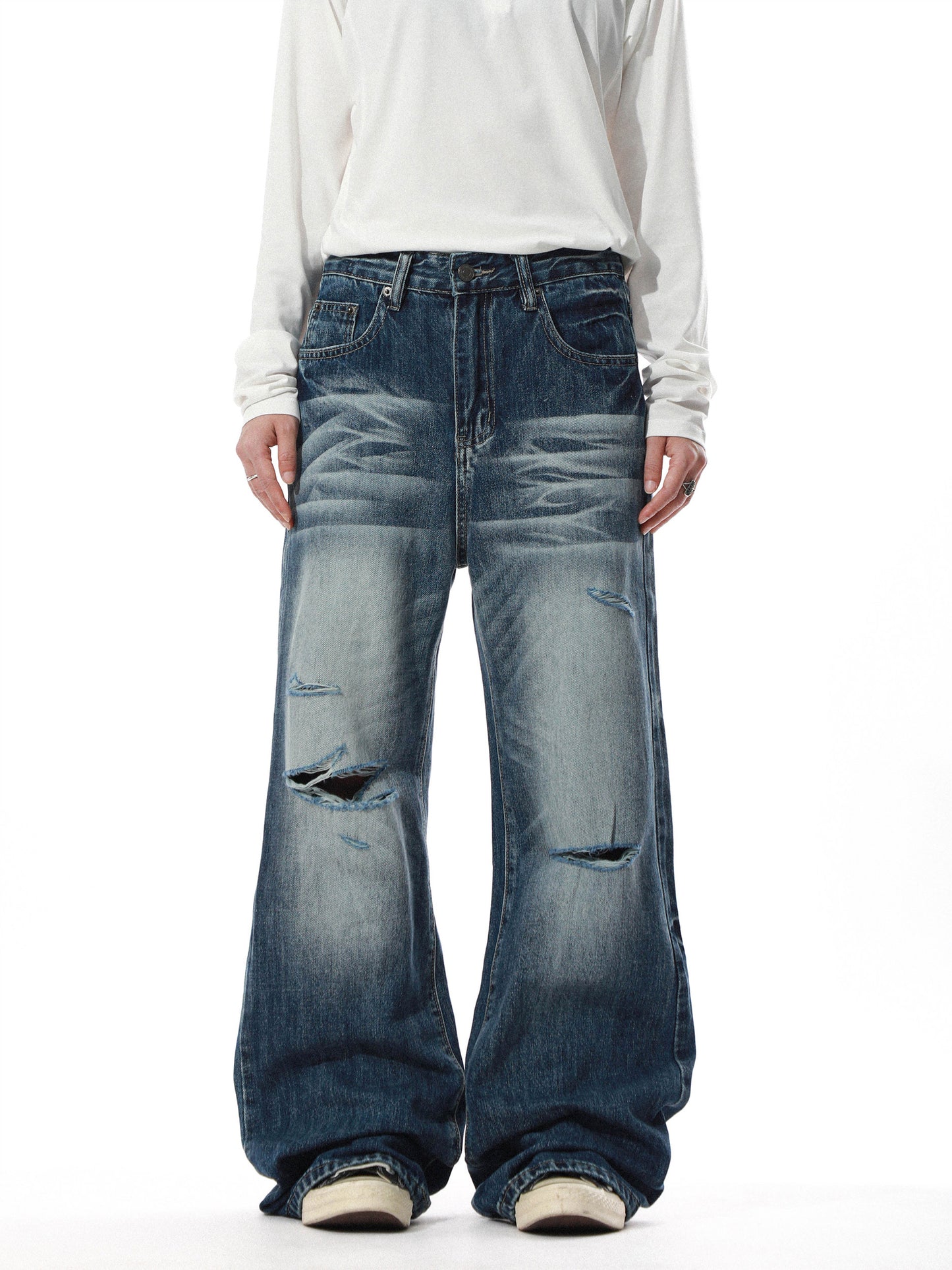 Vintage Washed Distressed Wide Denim