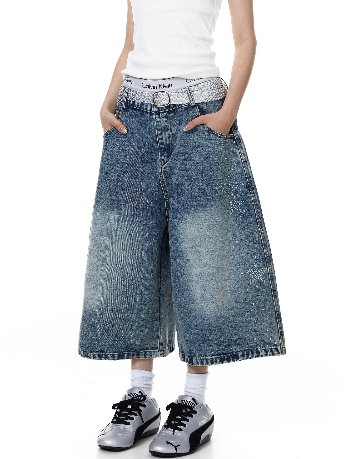 Rhinestone Star Wide Denim Shorts (2color)
