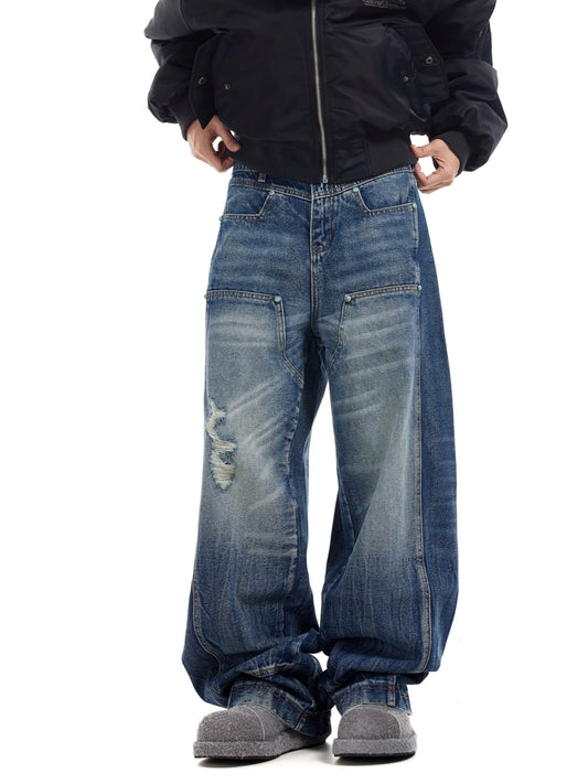 Turquoise Button Utility Layer Baggy Jeans