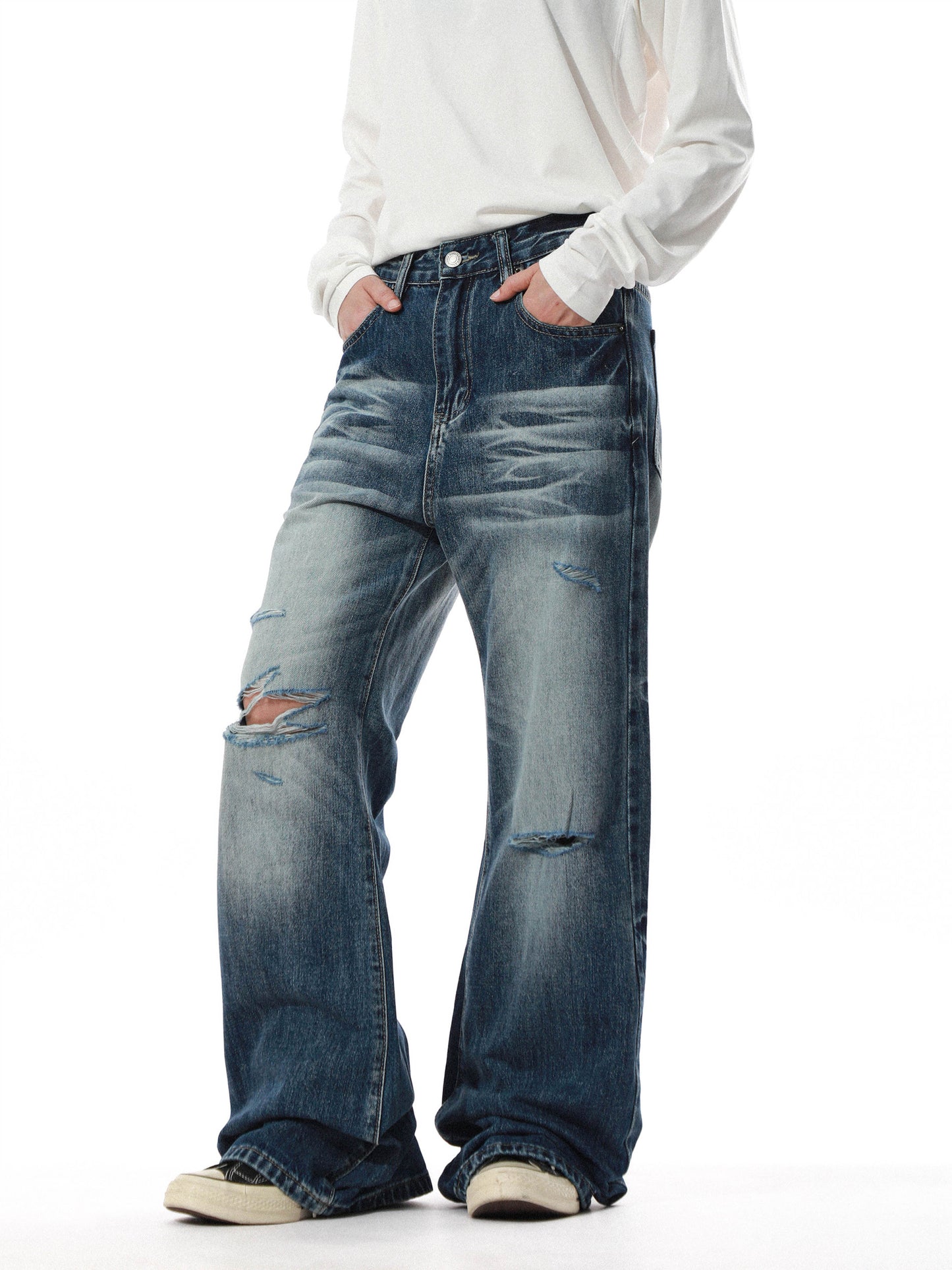 Vintage Washed Distressed Wide Denim
