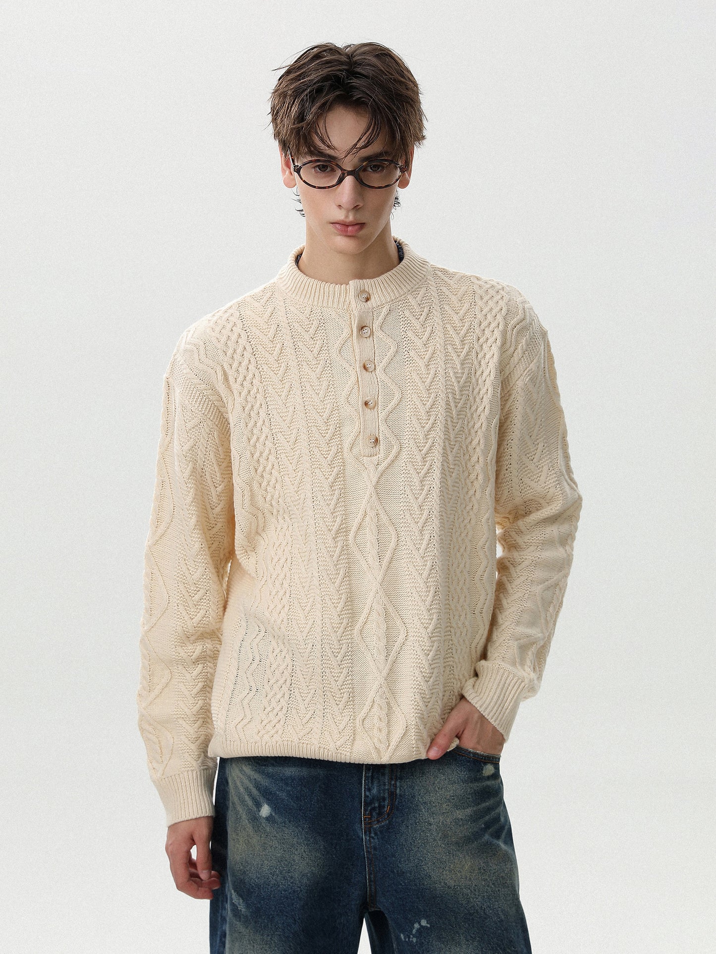 Henley Cable Knit Sweater (2color)