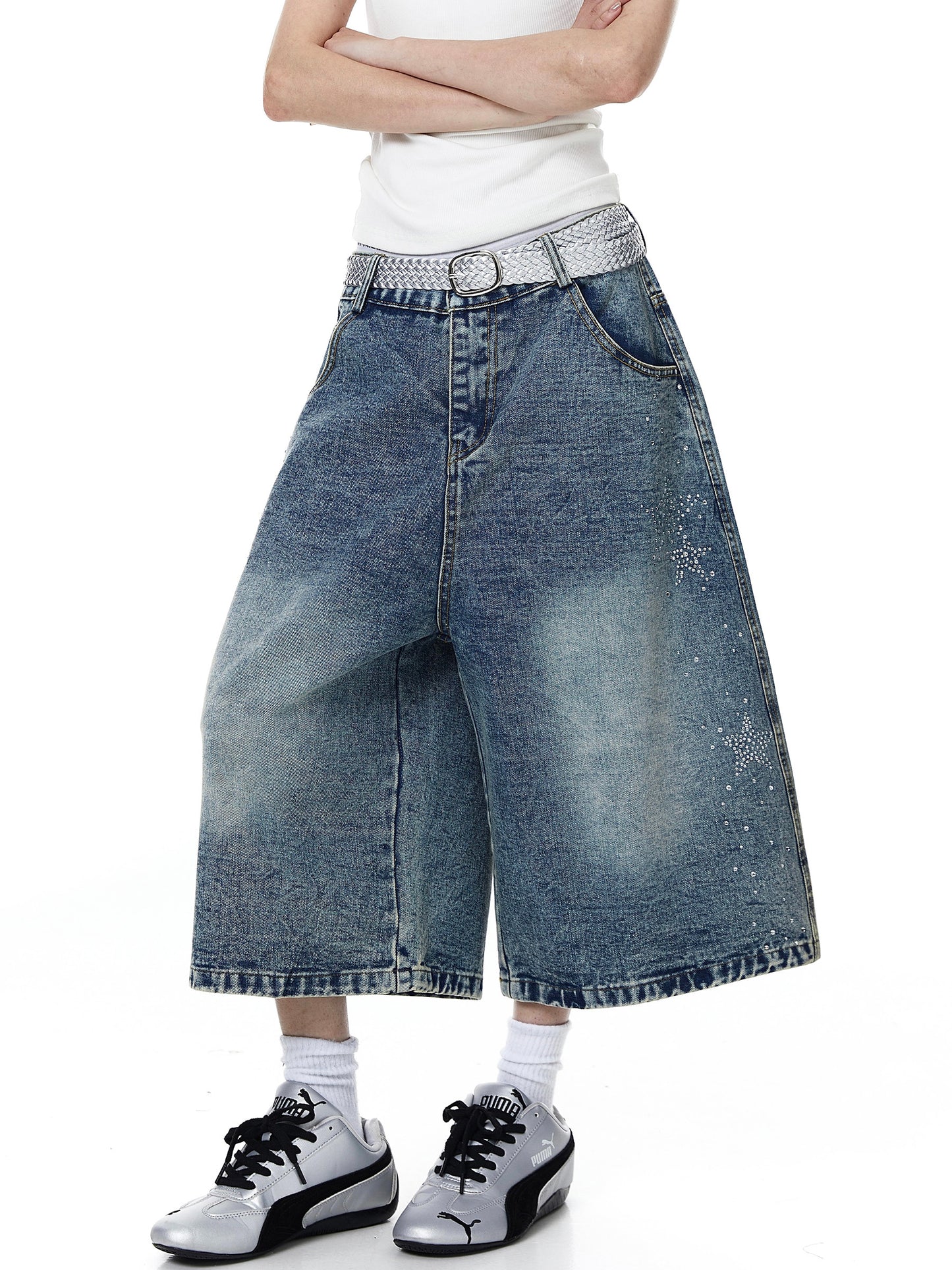 Rhinestone Star Wide Denim Shorts (2color)