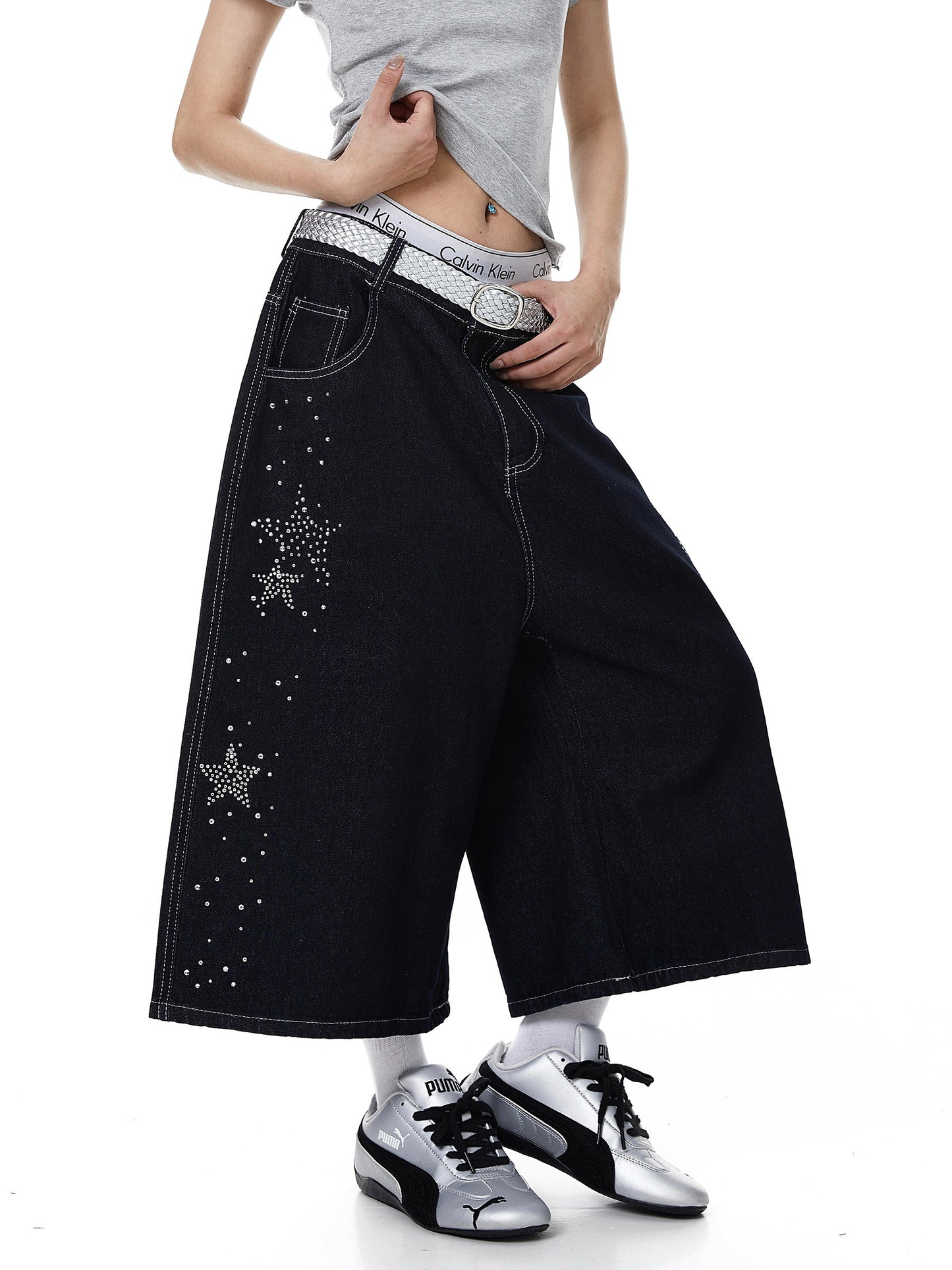 Rhinestone Star Wide Denim Shorts (2color)
