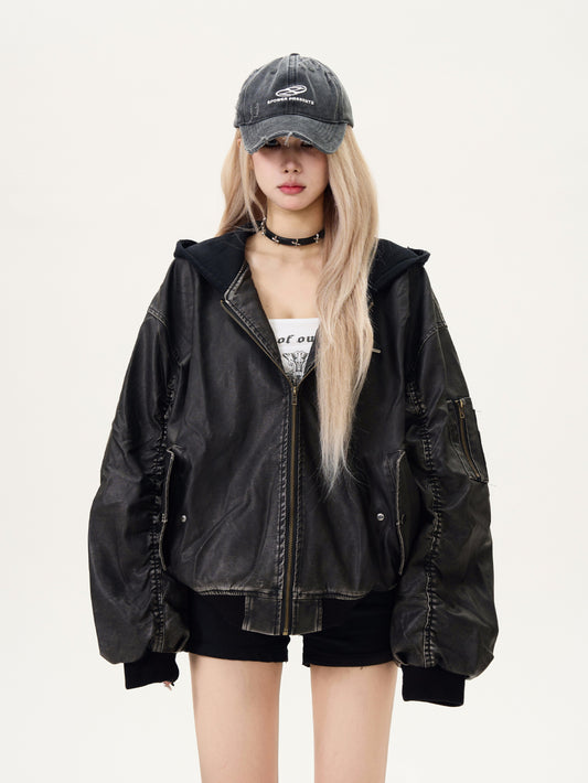 Leather Hooded Bomber Jacket