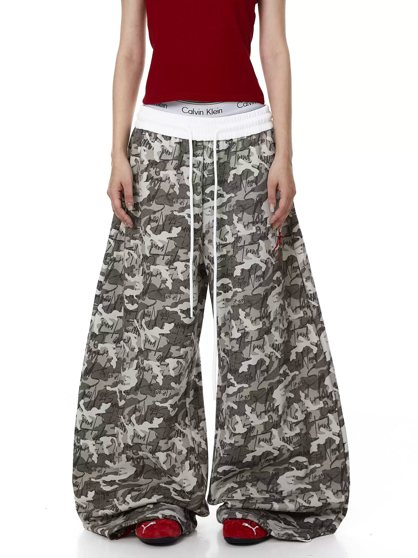 Layered Waist Embroidered Camo Sweat Pants