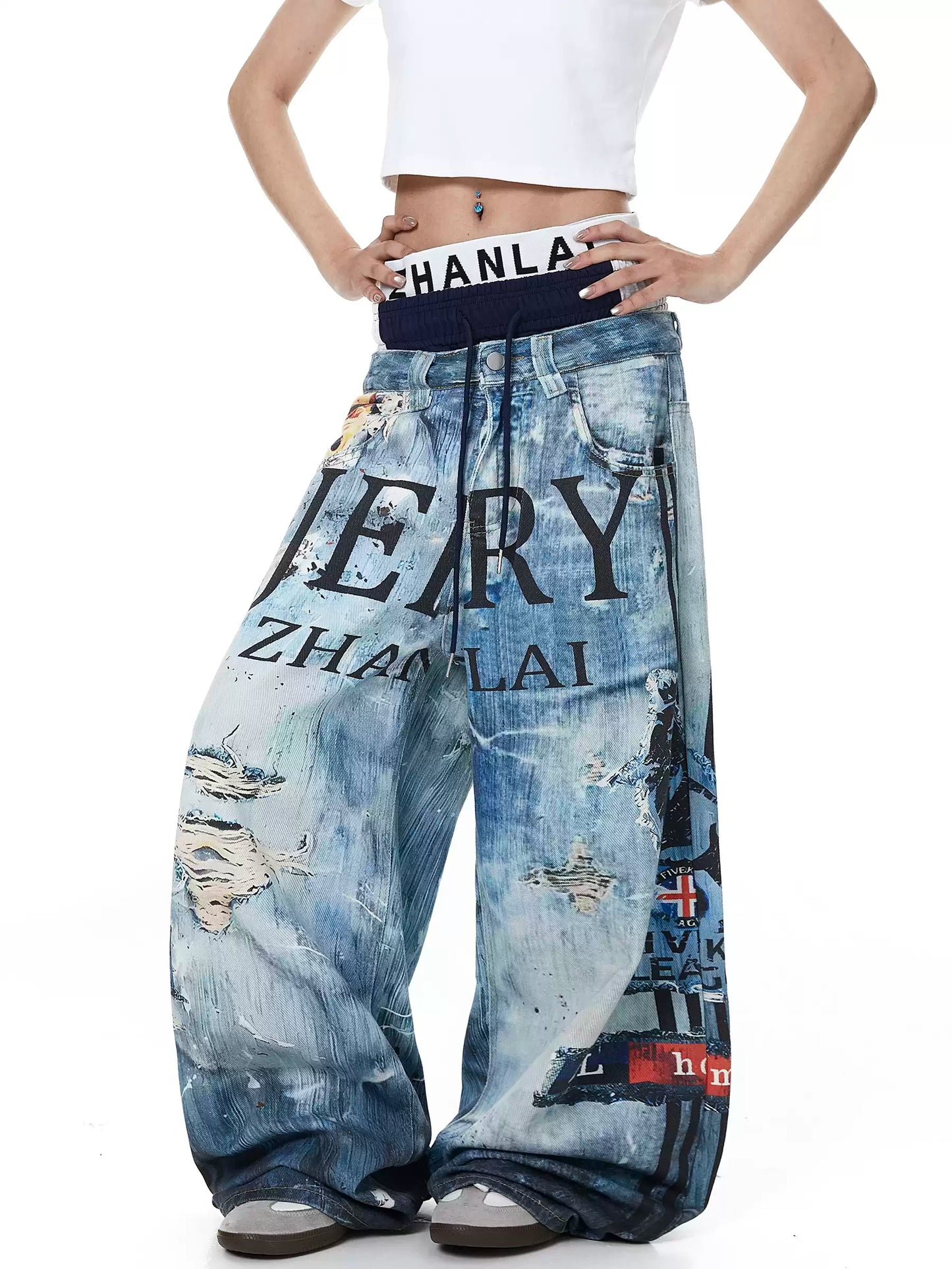 Graphic Layered Baggy Jeans