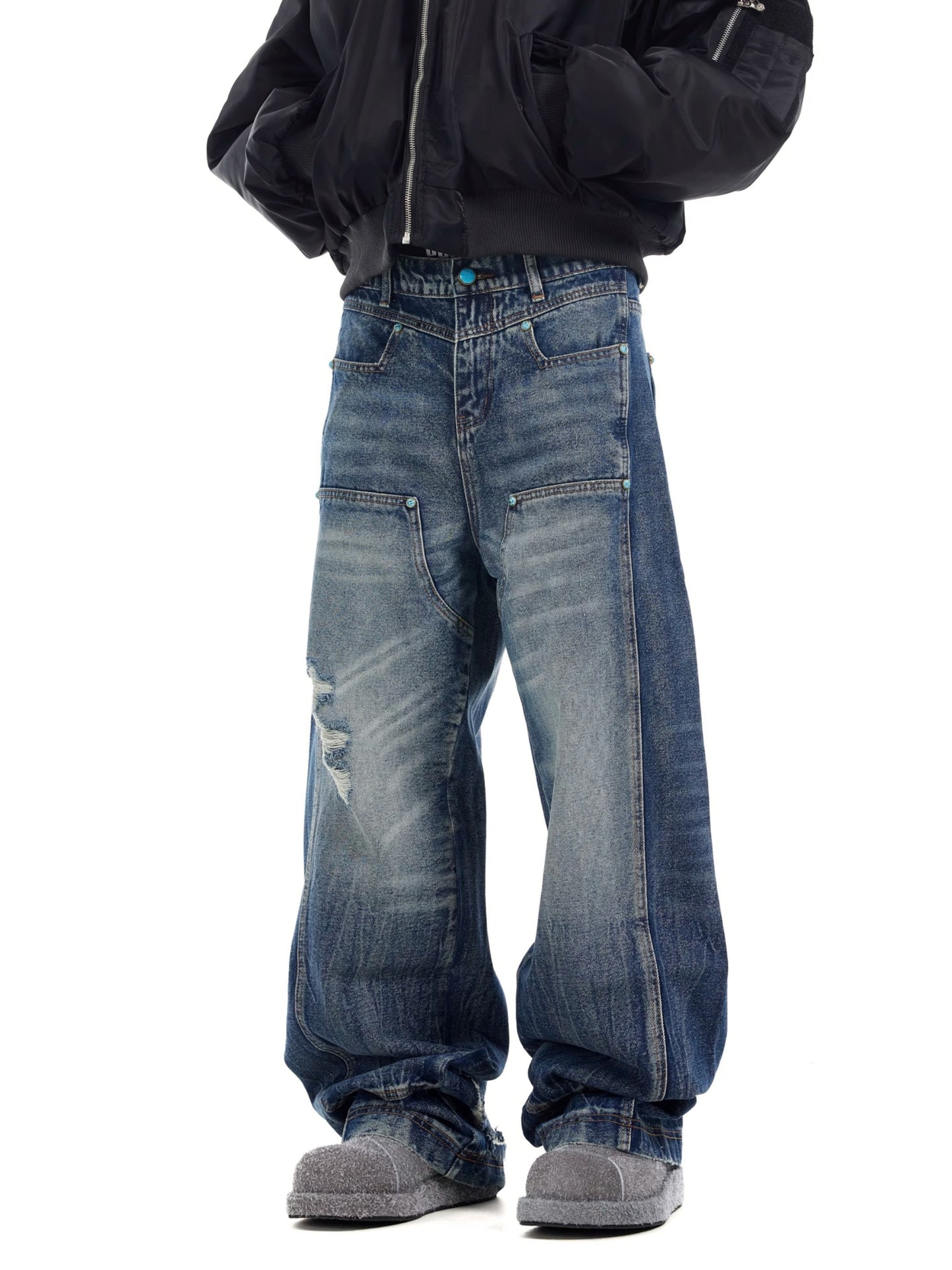 Turquoise Button Utility Layer Baggy Jeans