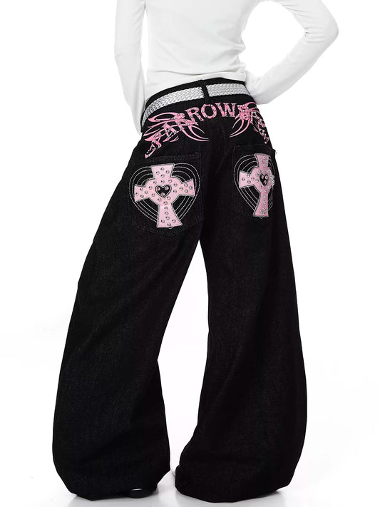 Pink Cross Studded Wide Denim