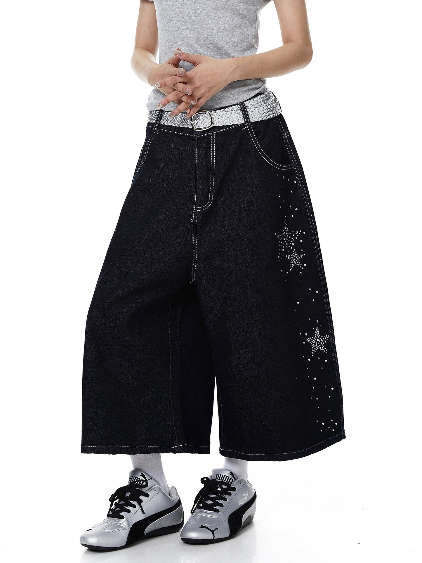 Rhinestone Star Wide Denim Shorts (2color)
