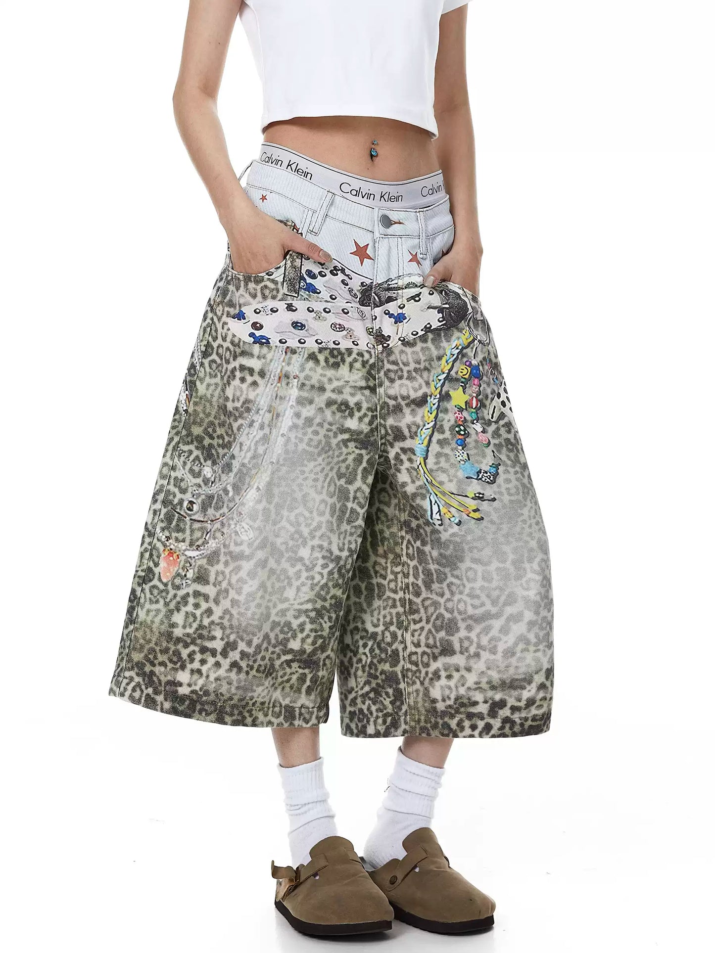Leopard Graphic Wide Denim Shorts