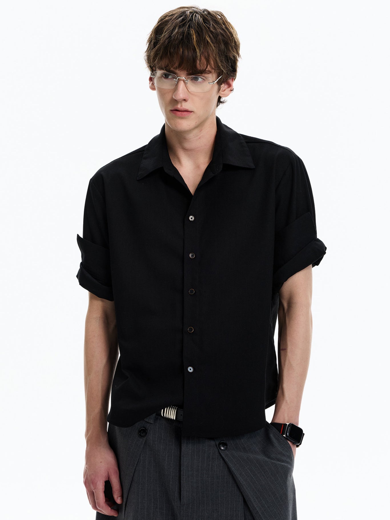 Linen Blend Rolled-Sleeve Shirt (3colors)