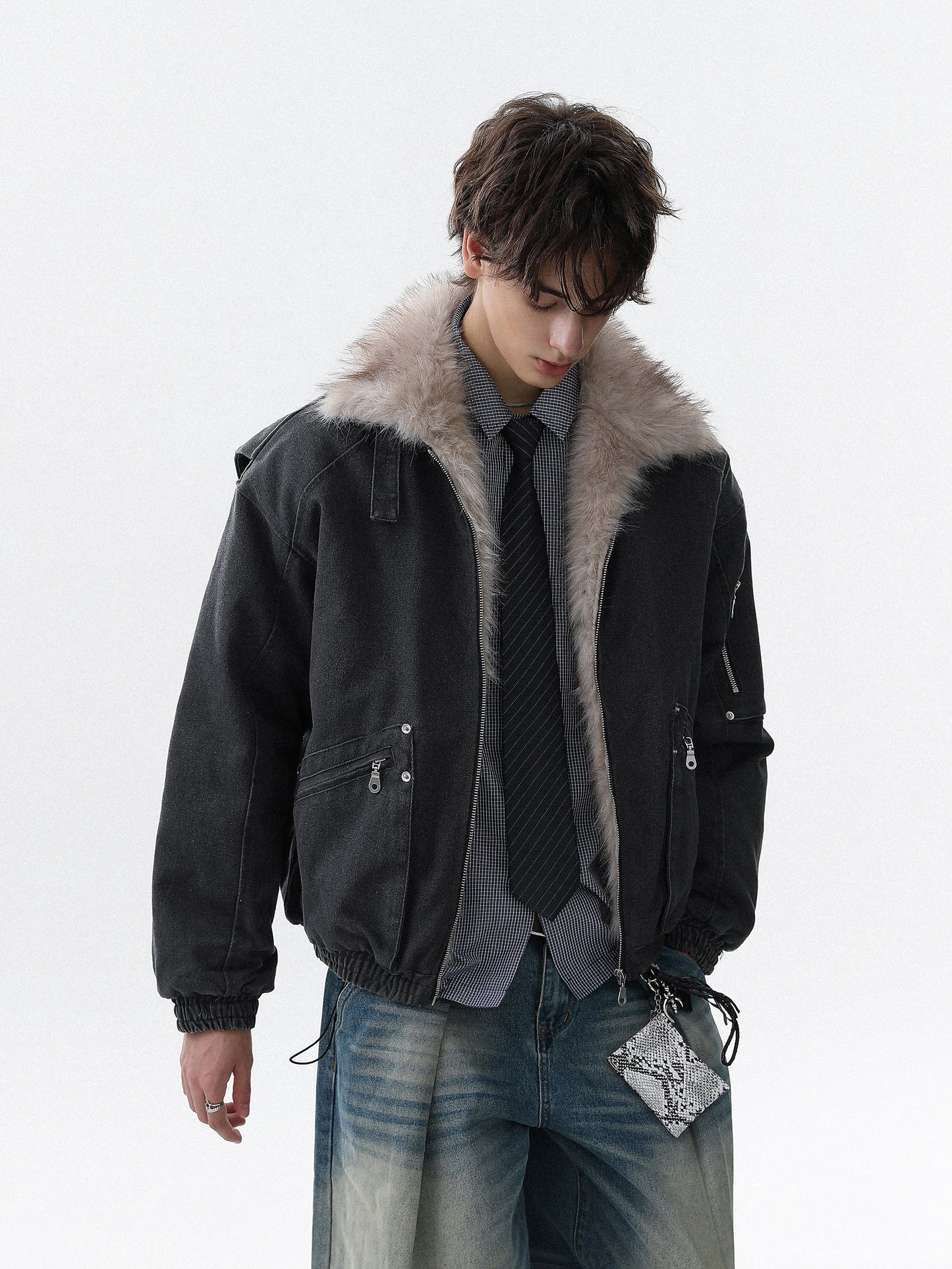 Military Bomber Jacket with Faux Fur Collar (2color)